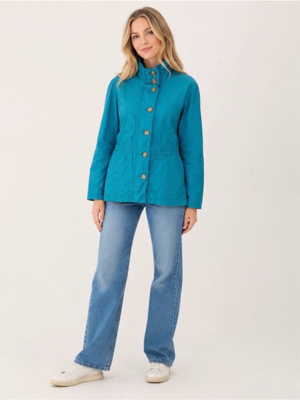 Coldwater Creek Green Button-Front High-Neck Lightweight Jacket